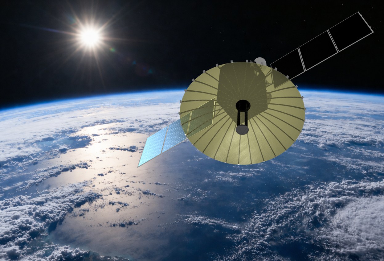 Wrappable reflector with knitted metallic mesh in Earth orbit (rendering)